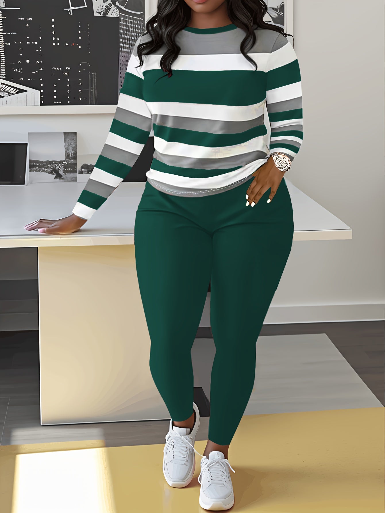 Slim Matching Two-piece Set, Casual Long Sleeve Crew Neck Striped Color Block T-shirt & Solid Elastic Waist Pants Outfits, Women's Clothing